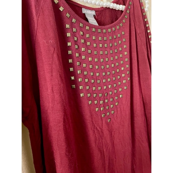 Burgundy Red Women's Cold Shoulder Top with Studded Design L - Picture 3 of 4